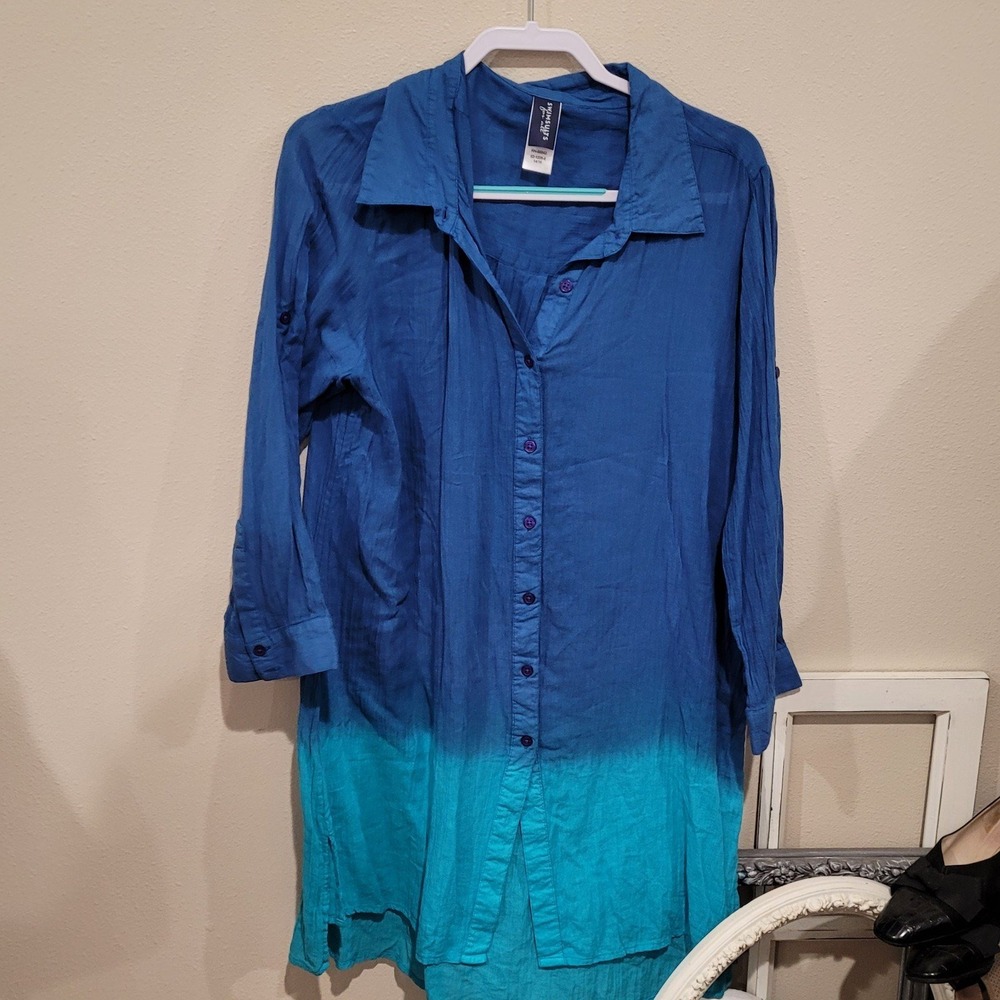 Swimsuits for All Swim Cover tunic Women SZ 14/16 blue and aqua button down vaca